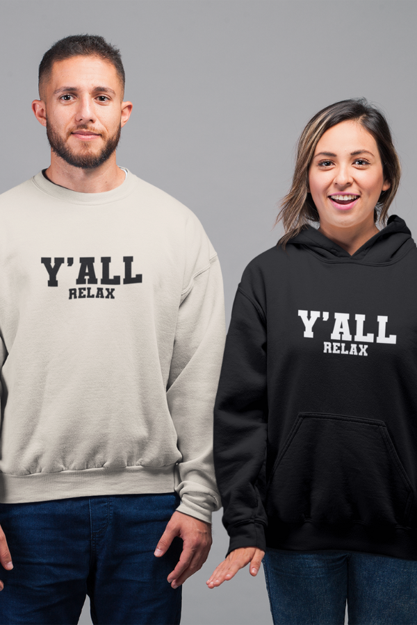Y'ALL hoodie and sweatshirt, Y'ALL relax varsity font hoodie and sweatshirt, You-all yall southern American Texan phrase, Merchkart